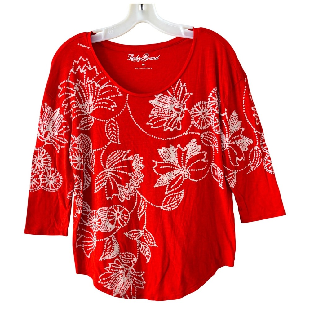 Lucky Brand Top Womens Size M Red Floral Dotted Print 3/4 Sleeve Scoop Neck - Picture 1 of 2